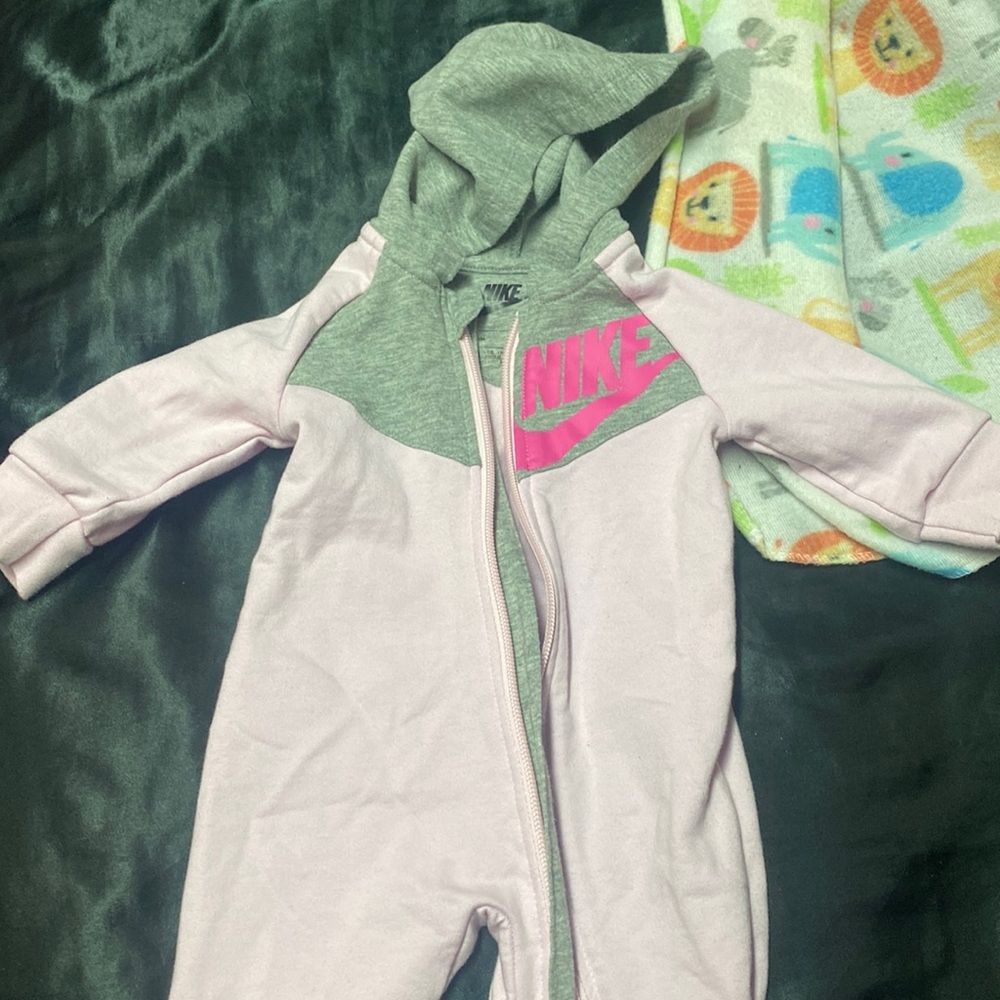 Pink 3 months nike one piece with a hood
